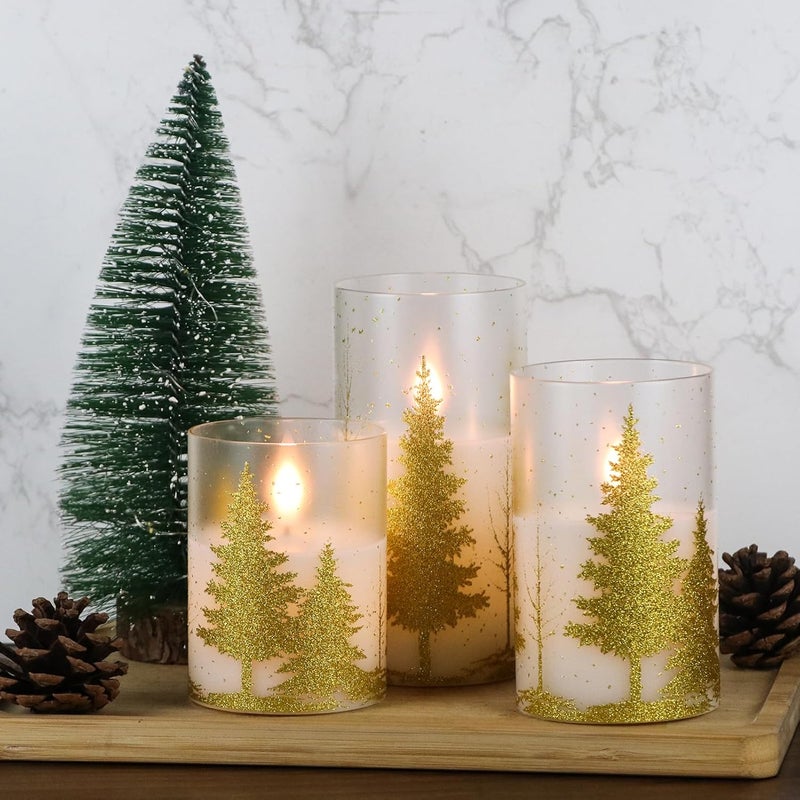 DRomance Christmas Tree Glass Flameless Candles with Remote Timer Battery Operated Real Wax 3D Wick LED Flickering Pillar Candles Christmas Holiday Decor(Gold, 3 x 4,5,6 Inch) - Image 2